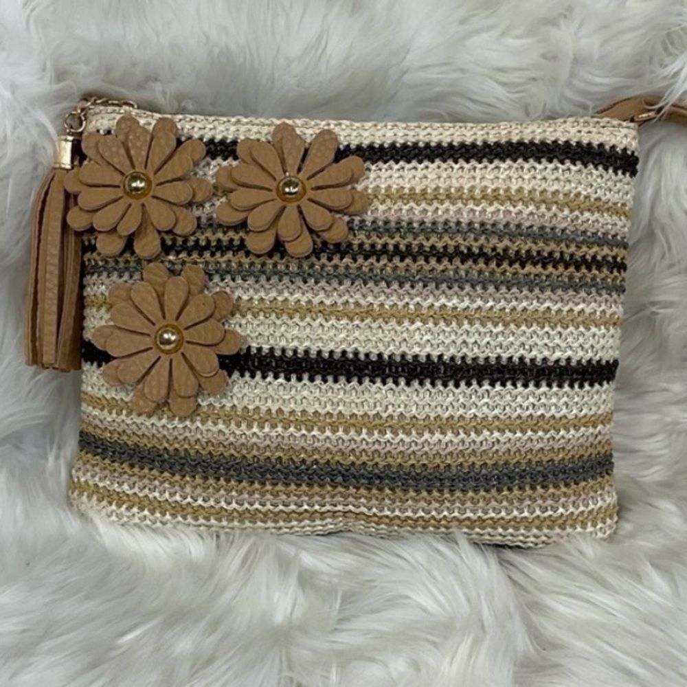 Sondra Roberts Squared Multicolor Floral Crochet Tassel Pouch Clutch